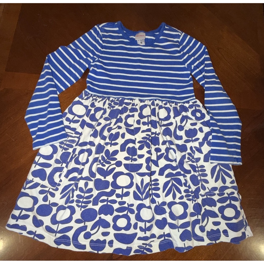 Hanna Andersson Girls Blue White Striped Floral Cotton Playdress Size 120 US 6-7